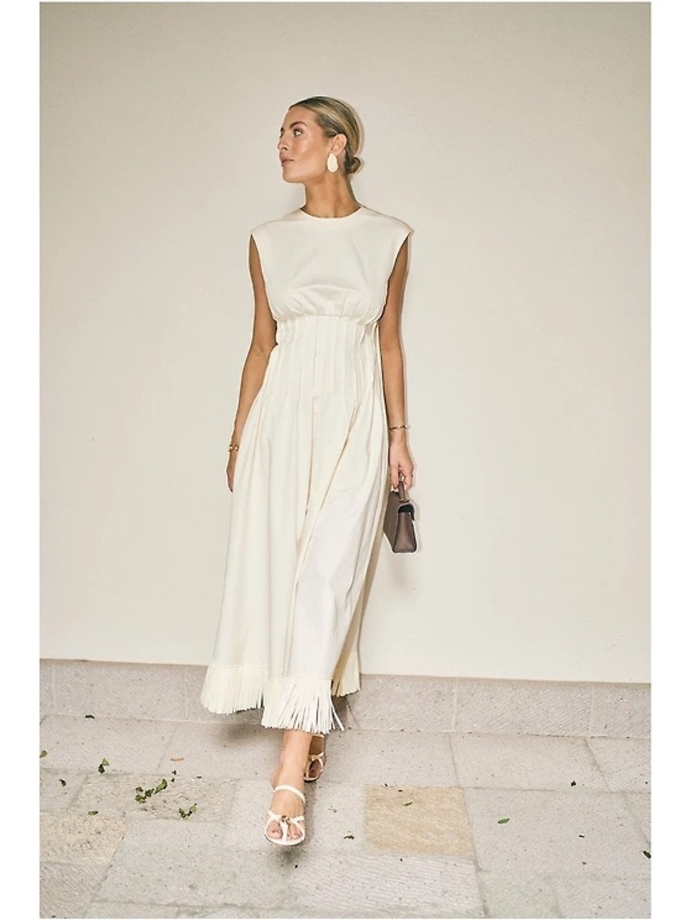 ANTONIO MELANI Cream Pleated Maxi Dress with Fringe Hem